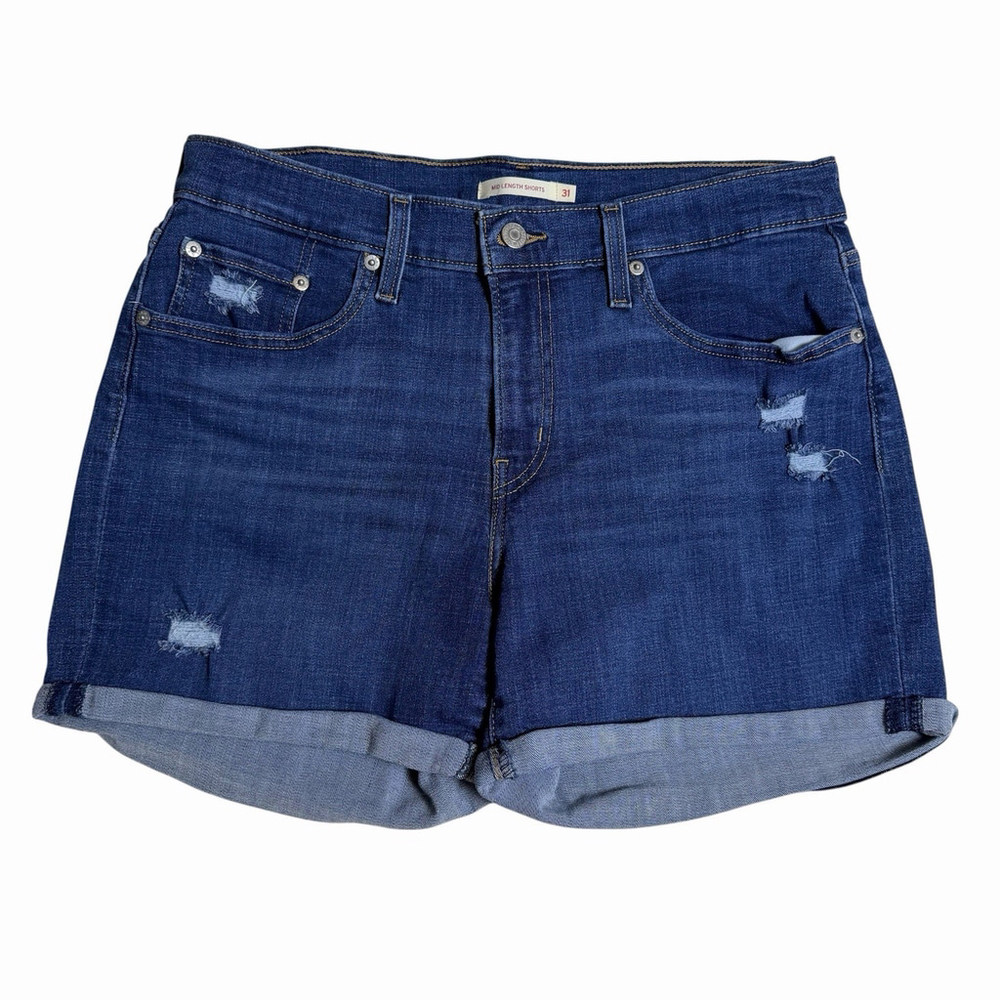 Levis Mid Length Shorts Womens 31 Blue Denim Distressed Cuffed Casual Y2K Jean